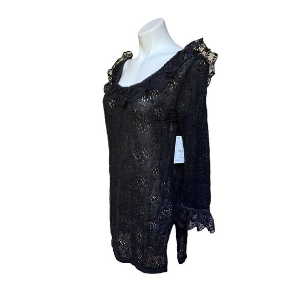 Vintage 90s Black Crochet Knit Top Ruffle Lace Long Sleeve Shirt Sheer - Picture 3 of 5